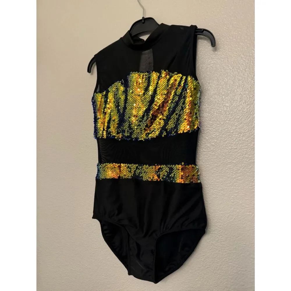 Glamour solo dance costume sequin mesh black gold SA-Small adult NEW